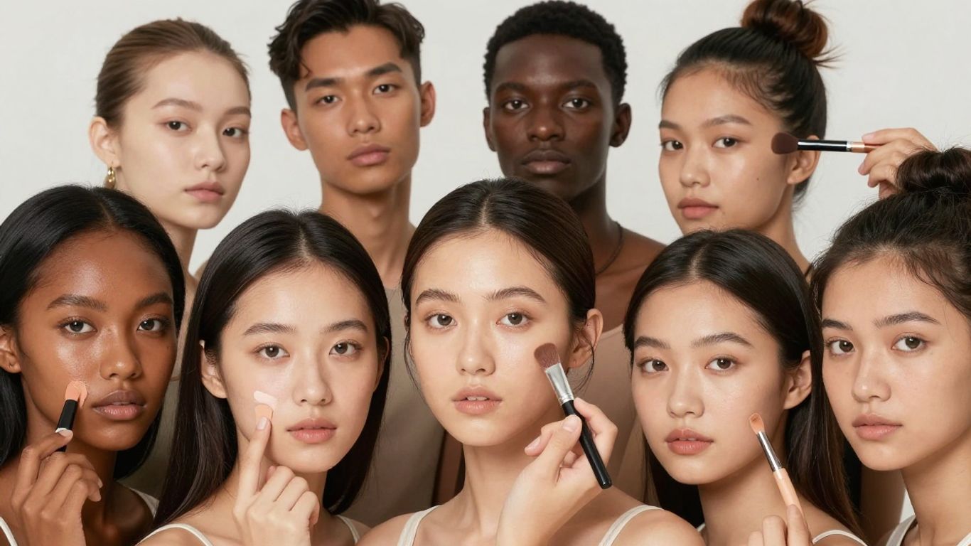 Diverse individuals applying inclusive beauty products.