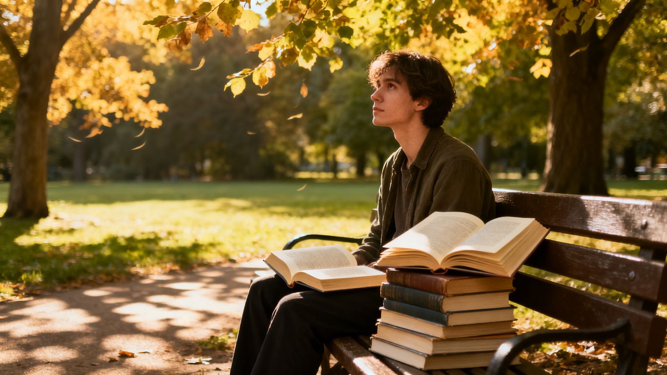 Person reading books on a park bench
