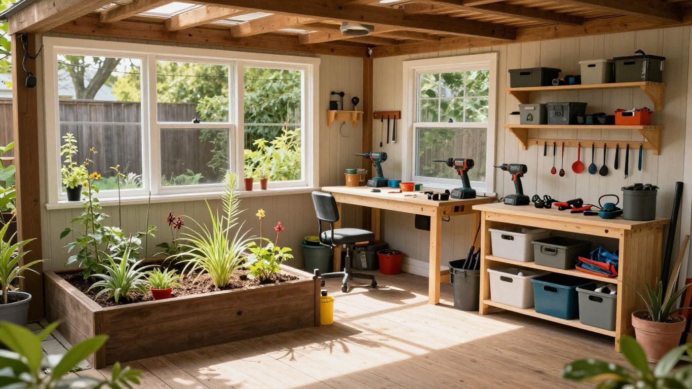 Custom shed interior with organized gardening, workshop, and storage zones.