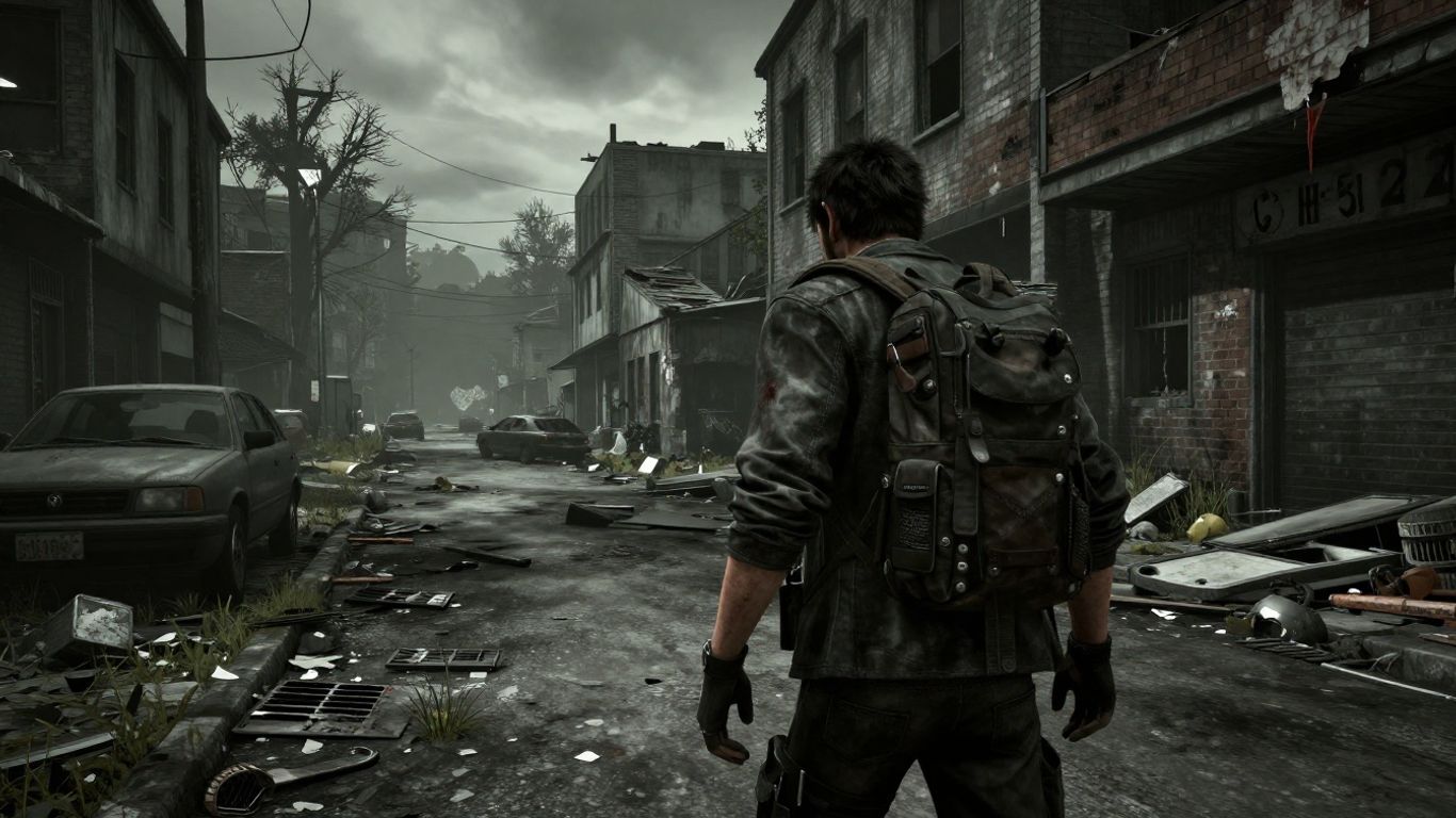 Survivor in a desolate zombie-infested urban landscape.