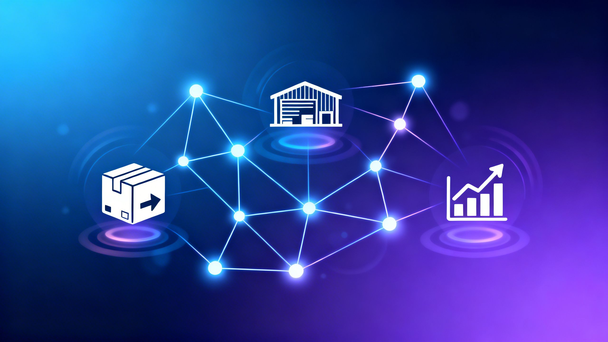 An abstract, glowing neural network connecting icons for shipping, warehousing, and sales analytics, symbolizing an intelligent, automated supply chain.