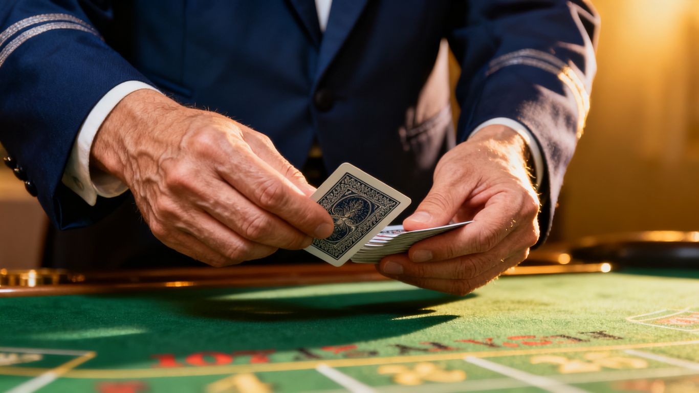 荷官穿著深藍色制服，在賭桌上發牌