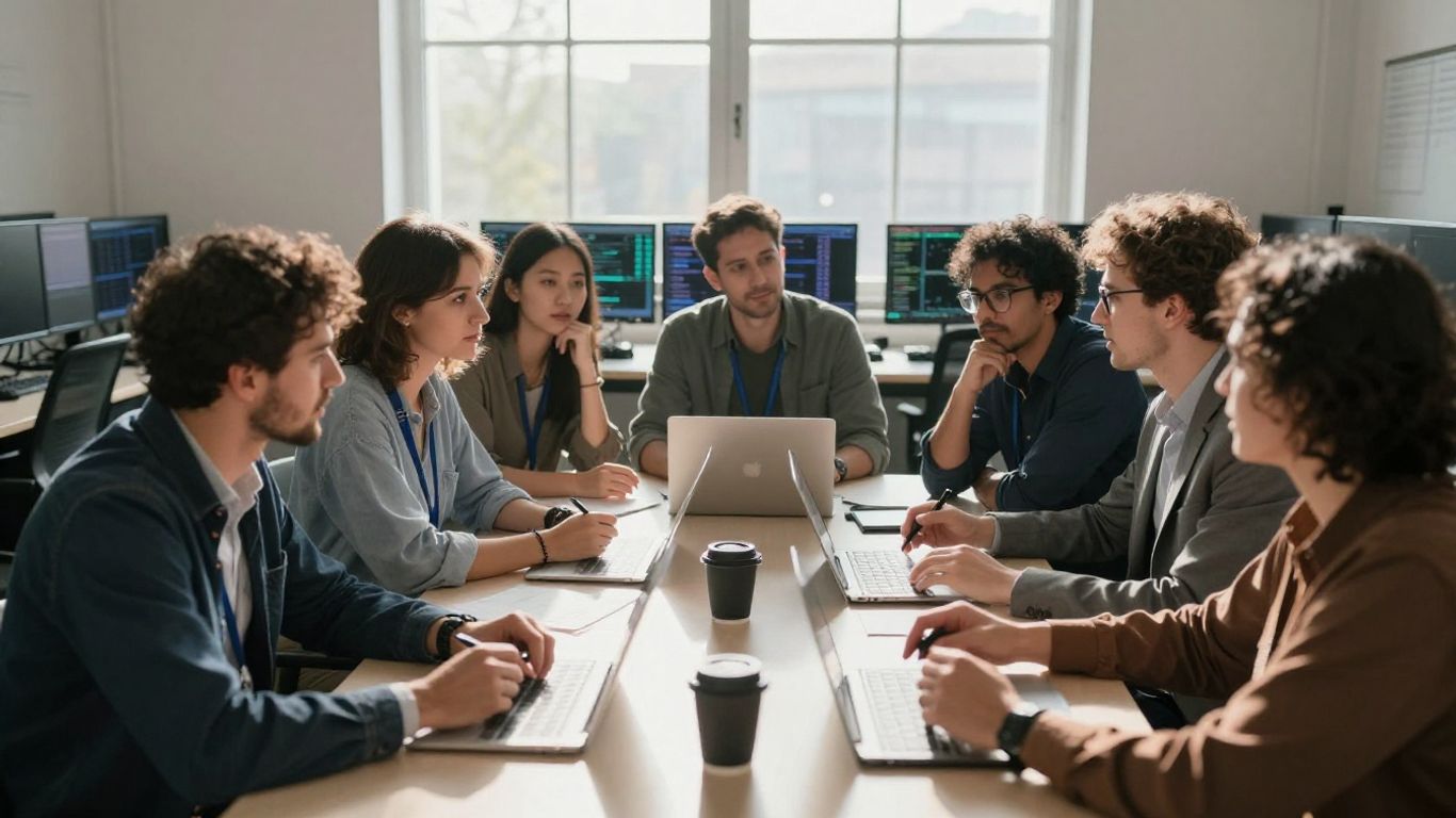 Forex traders discussing strategies in a modern office.