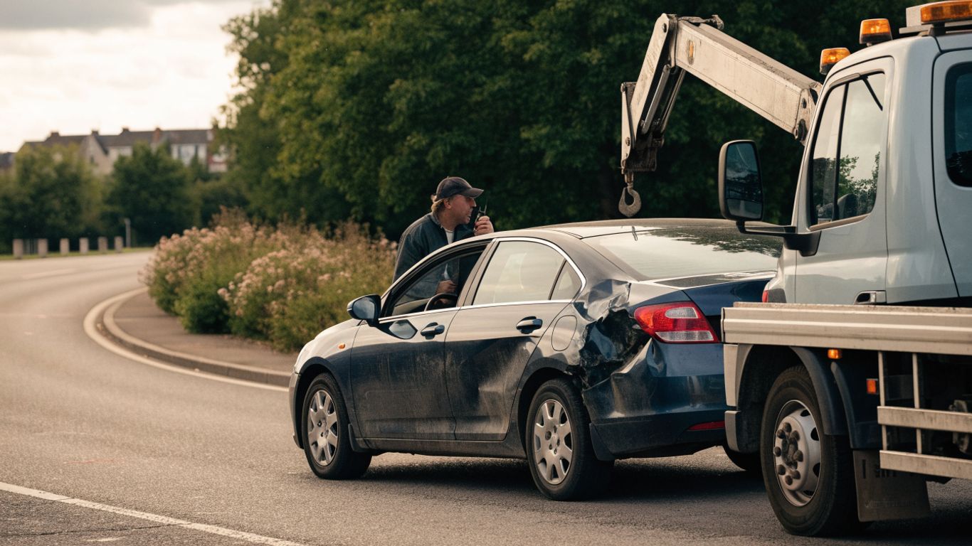 Damaged car beside a recovery truck on a quiet road