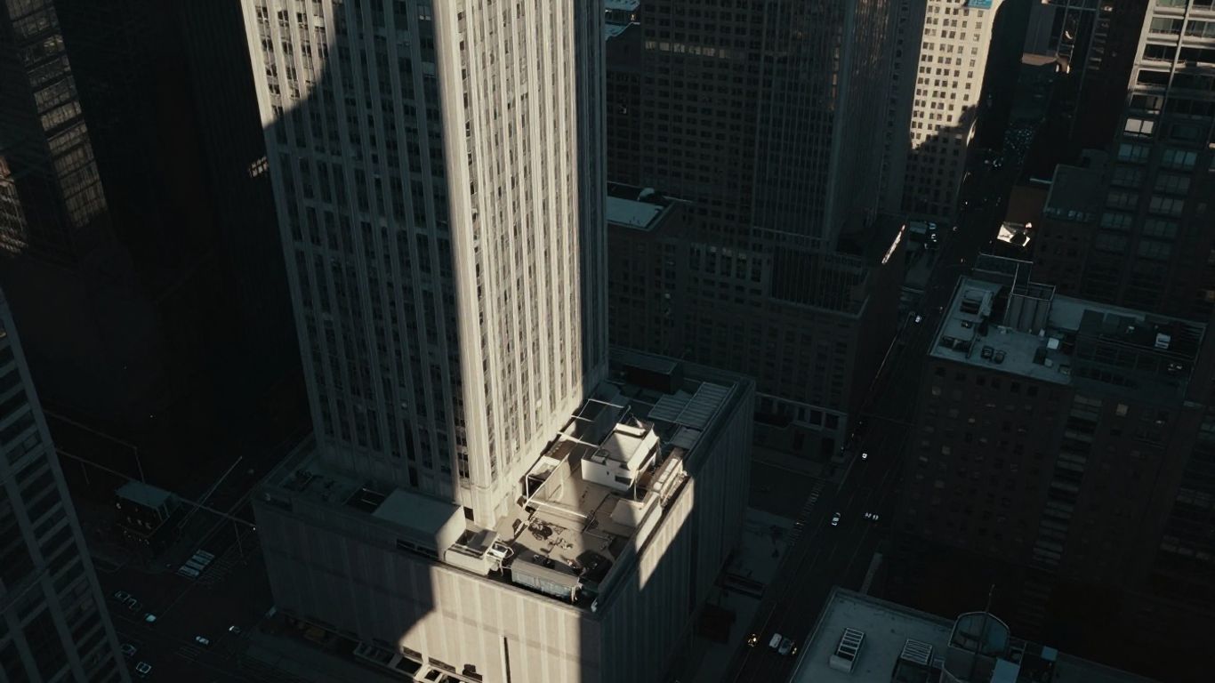 Shadowy cityscape with a prominent, illuminated skyscraper.