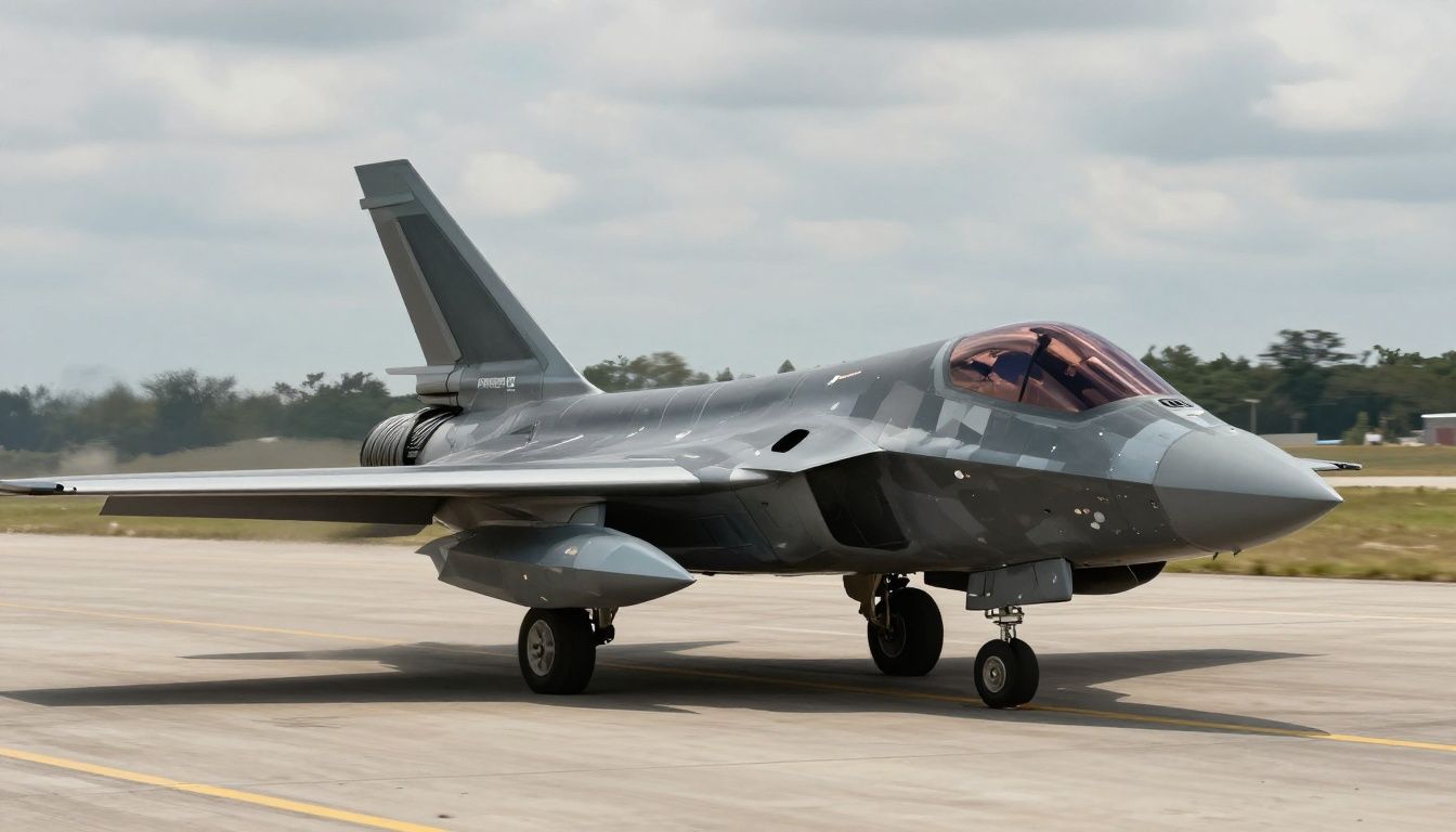 Caça supersônico de Project Wingman sobrevoando uma paisagem devastada durante um combate aéreo intenso