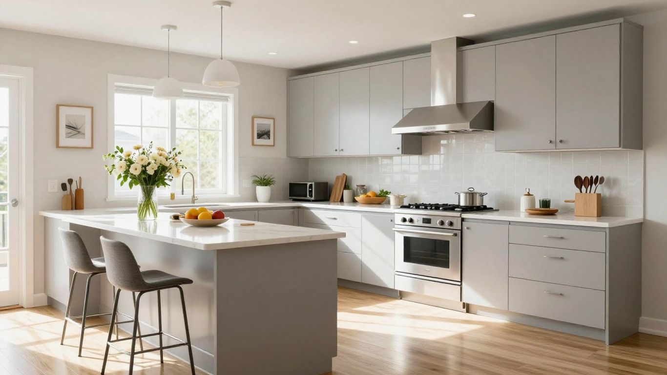 Modern renovated kitchen with island and stainless steel appliances.