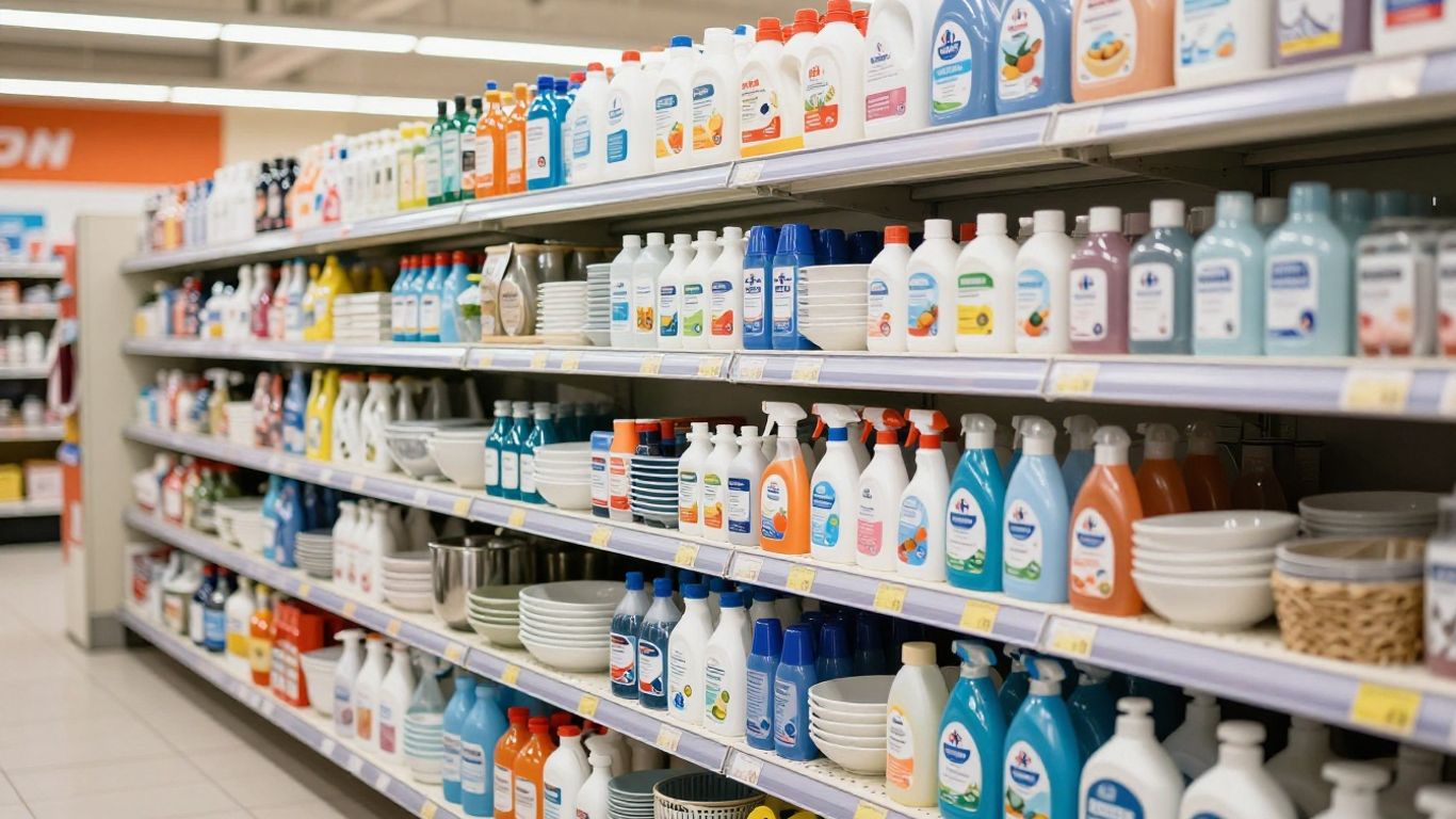 Carrefour home essentials aisle with many products.