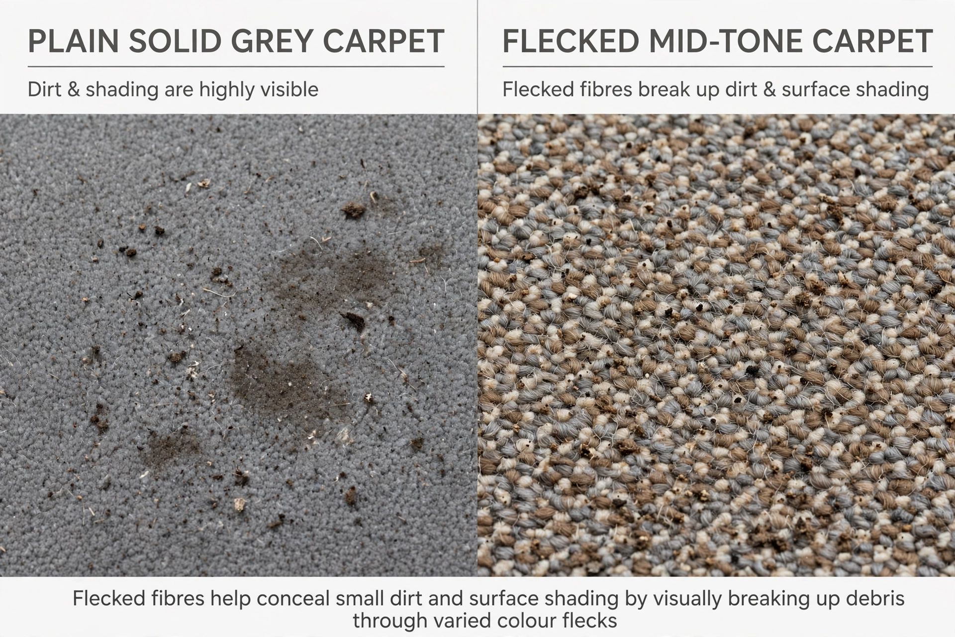 A side-by-side comparison of plain solid grey carpet and flecked mid-tone carpet, showing how flecked fibres break up small bits of dirt and surface shading