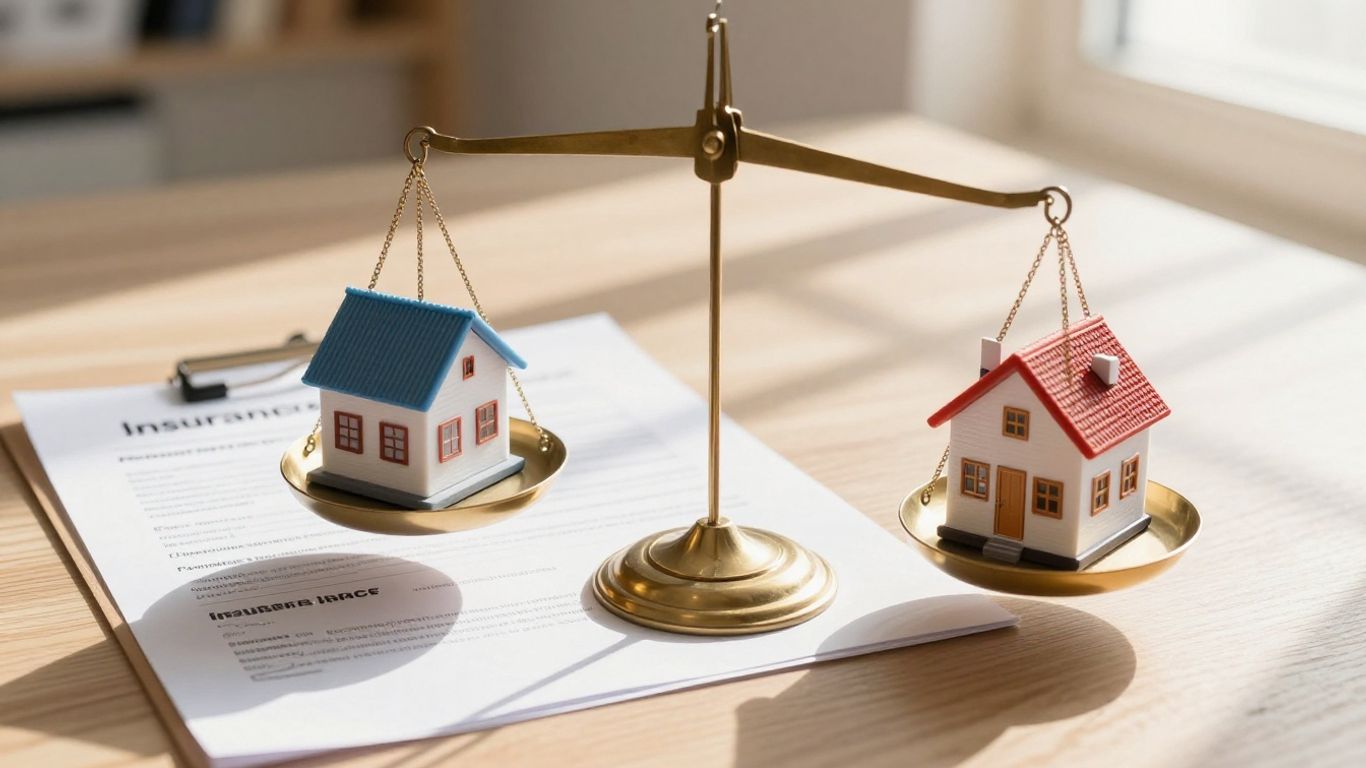 Balanza con documentos de seguro y bienes.
