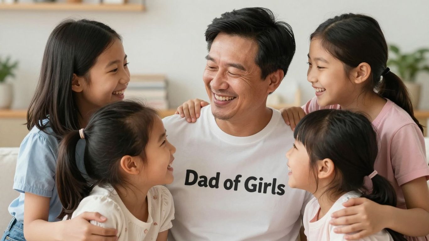 Dad of girls wearing a funny t-shirt with daughters.