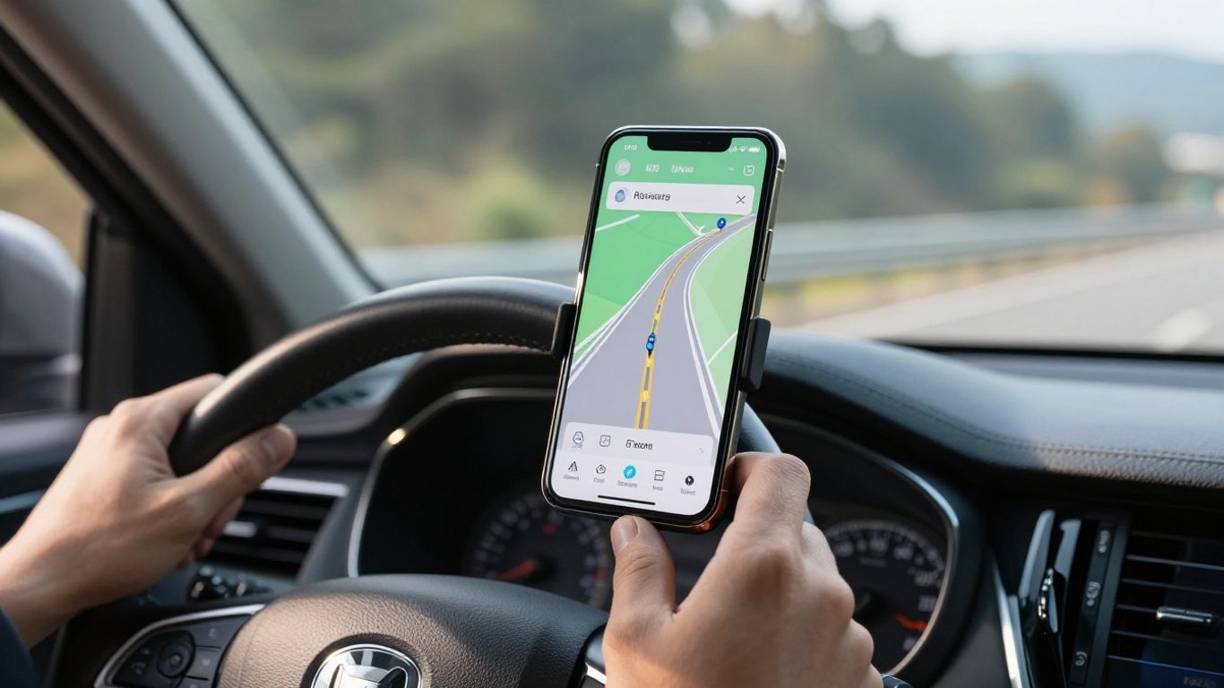 Car dashboard with navigation app on smartphone for long drives.