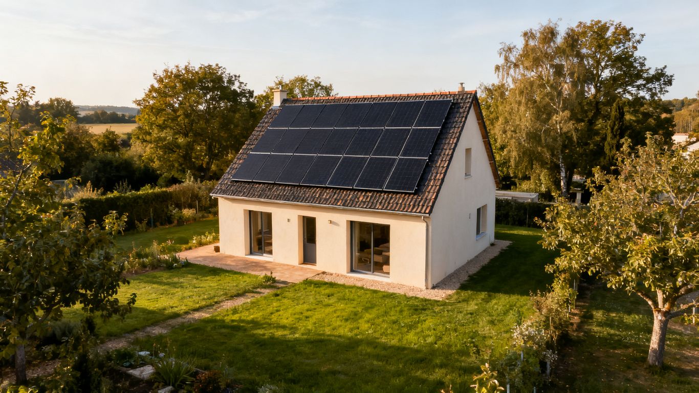 Maison rénovée et panneaux solaires sur toiture