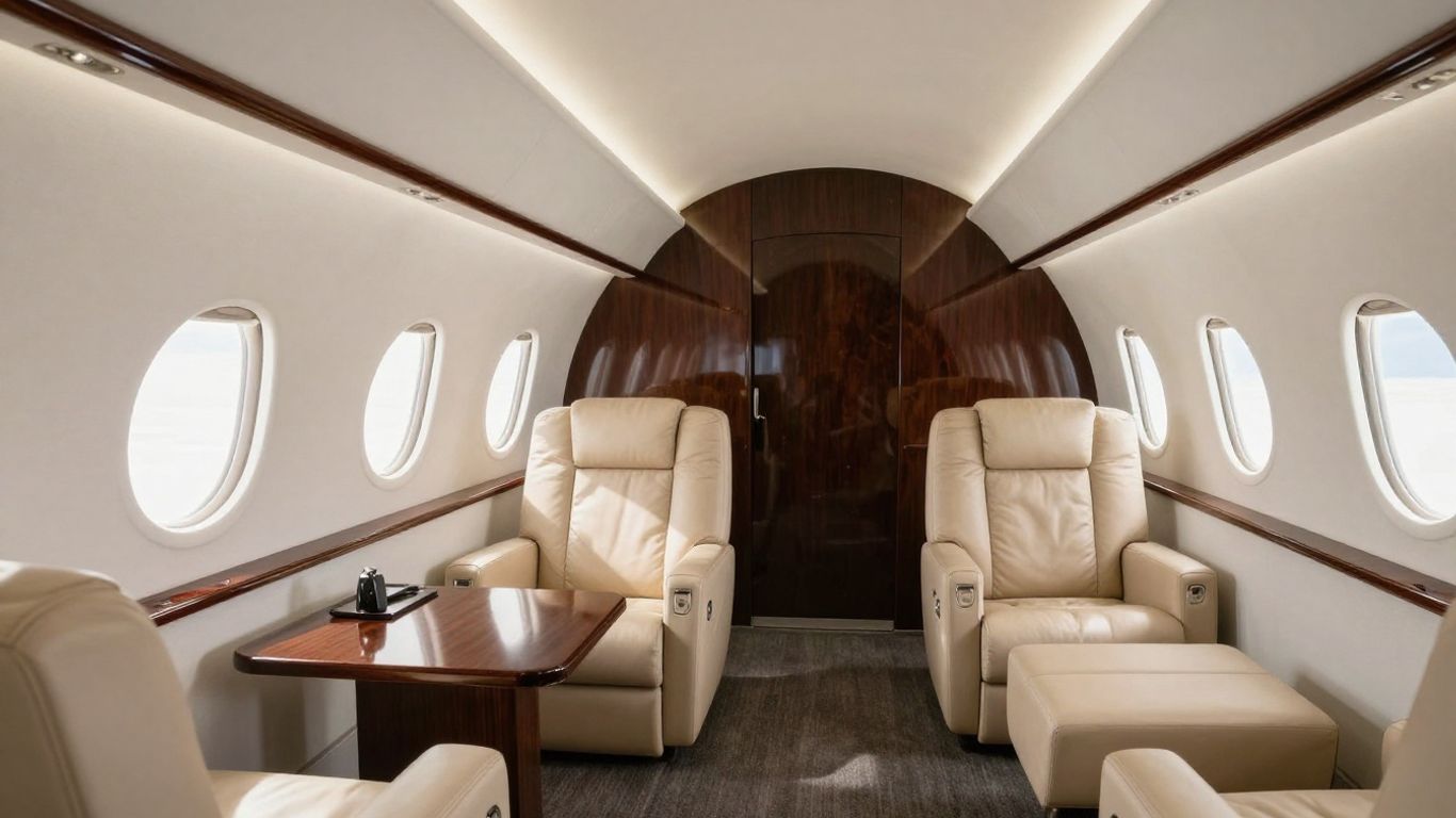 Interior of a luxurious semi-private jet cabin.