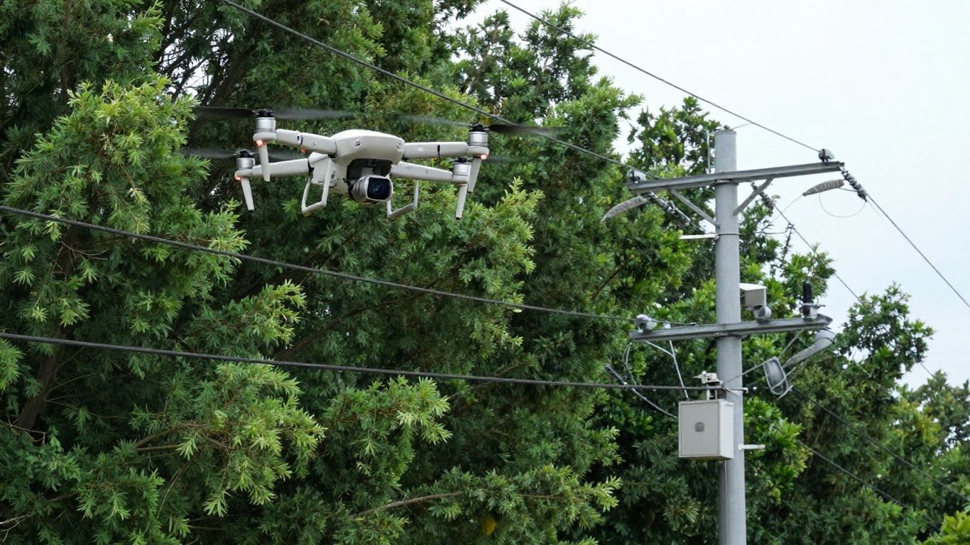 Drone inspecting vegetation near power lines