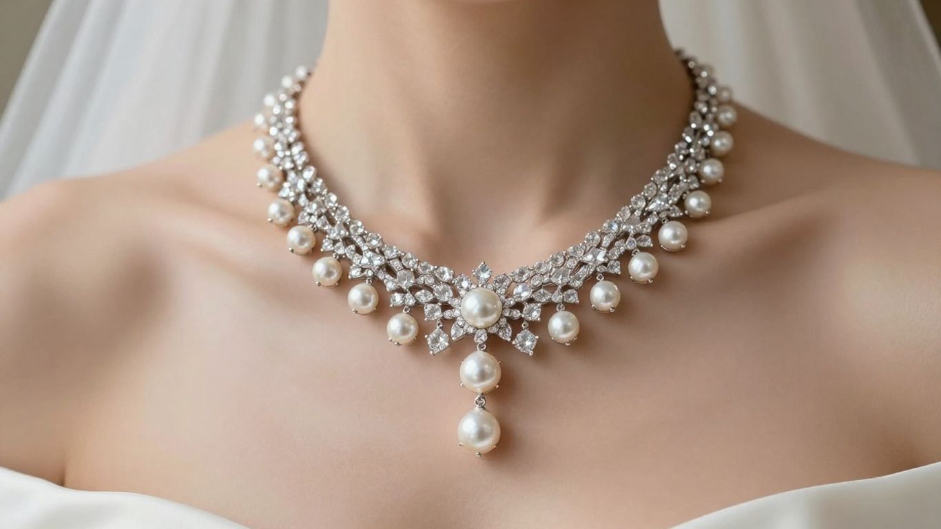 Bride wearing a sparkling diamond and pearl bridal necklace set.