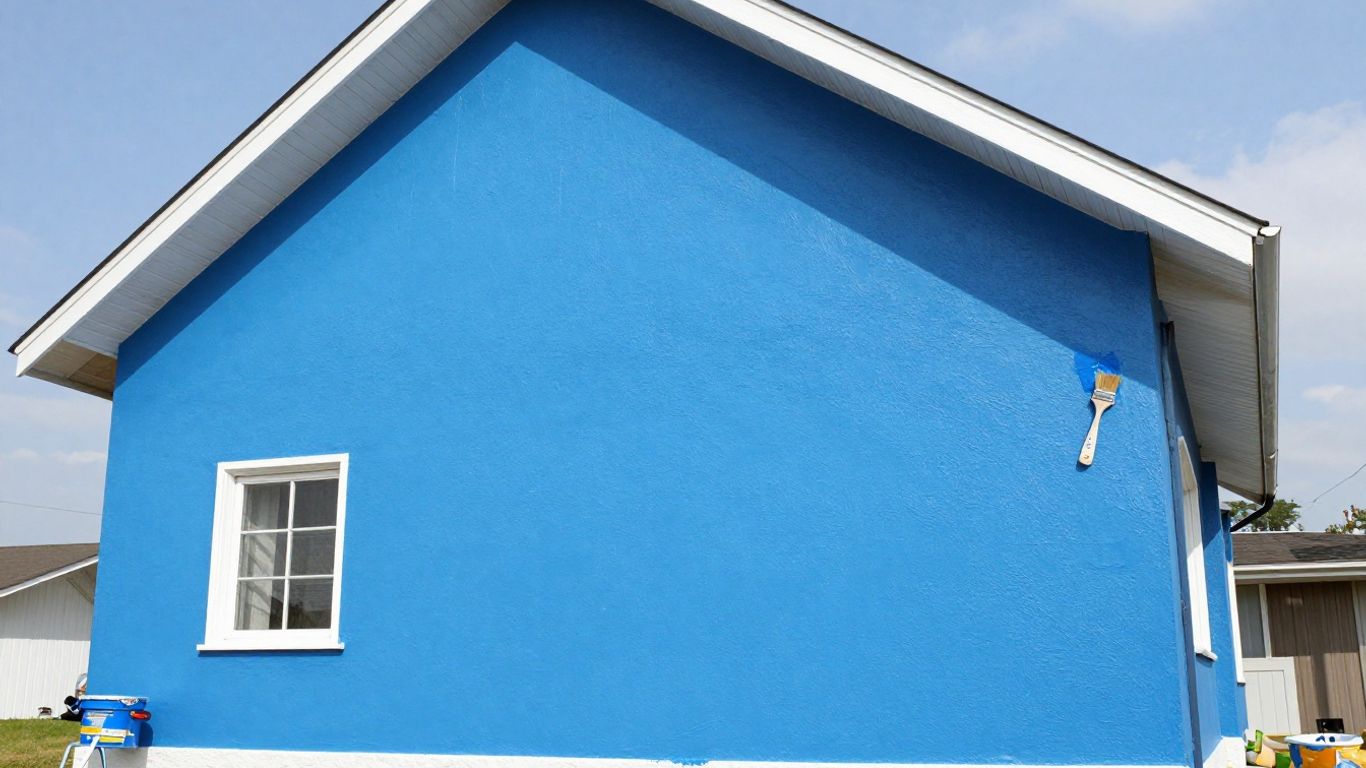 Painter applying blue paint to a house exterior.