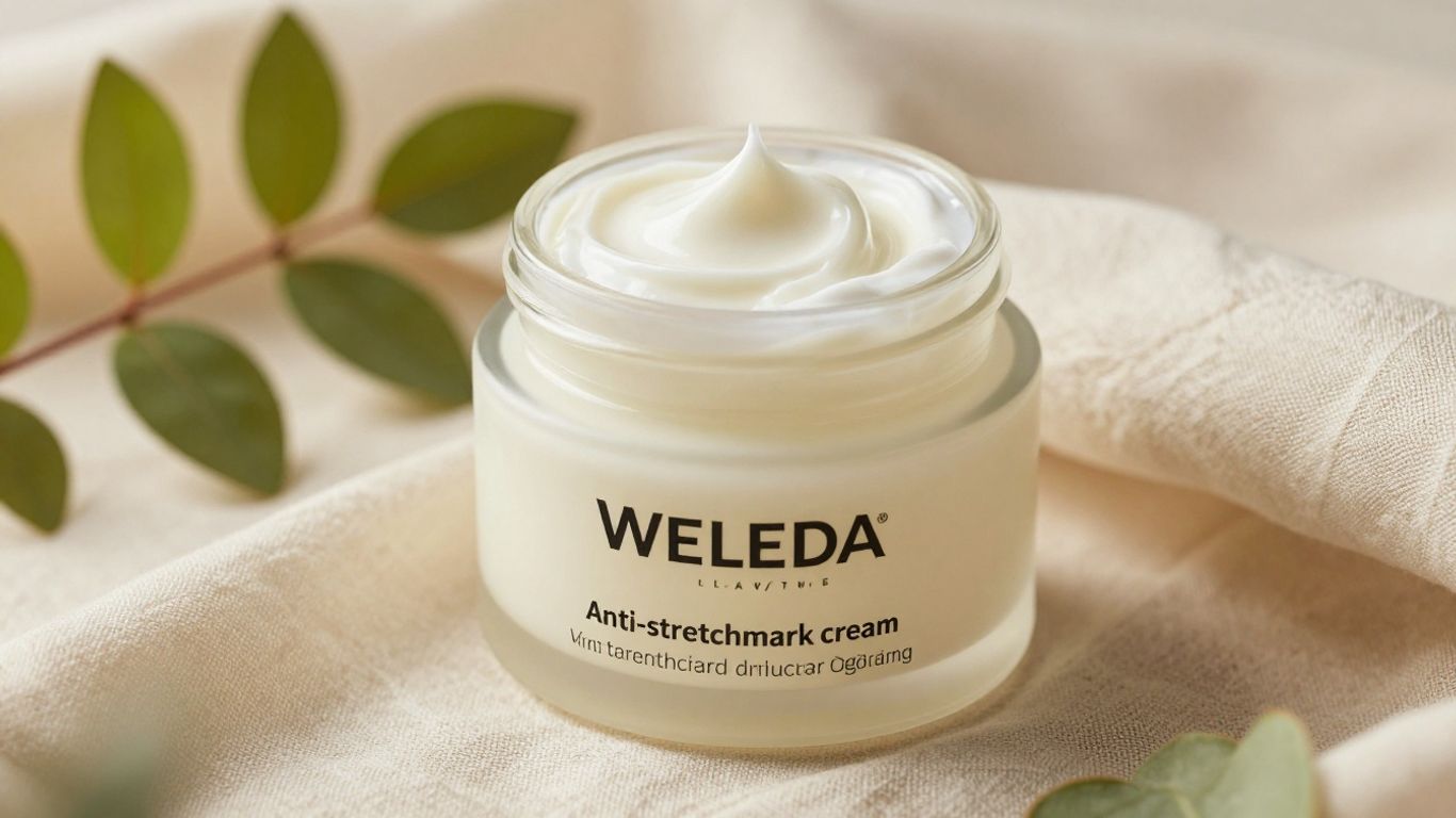 Crema antiestrías Weleda en un entorno natural.