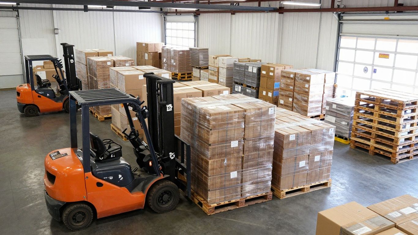 Los Angeles distribution center with forklifts and cargo.