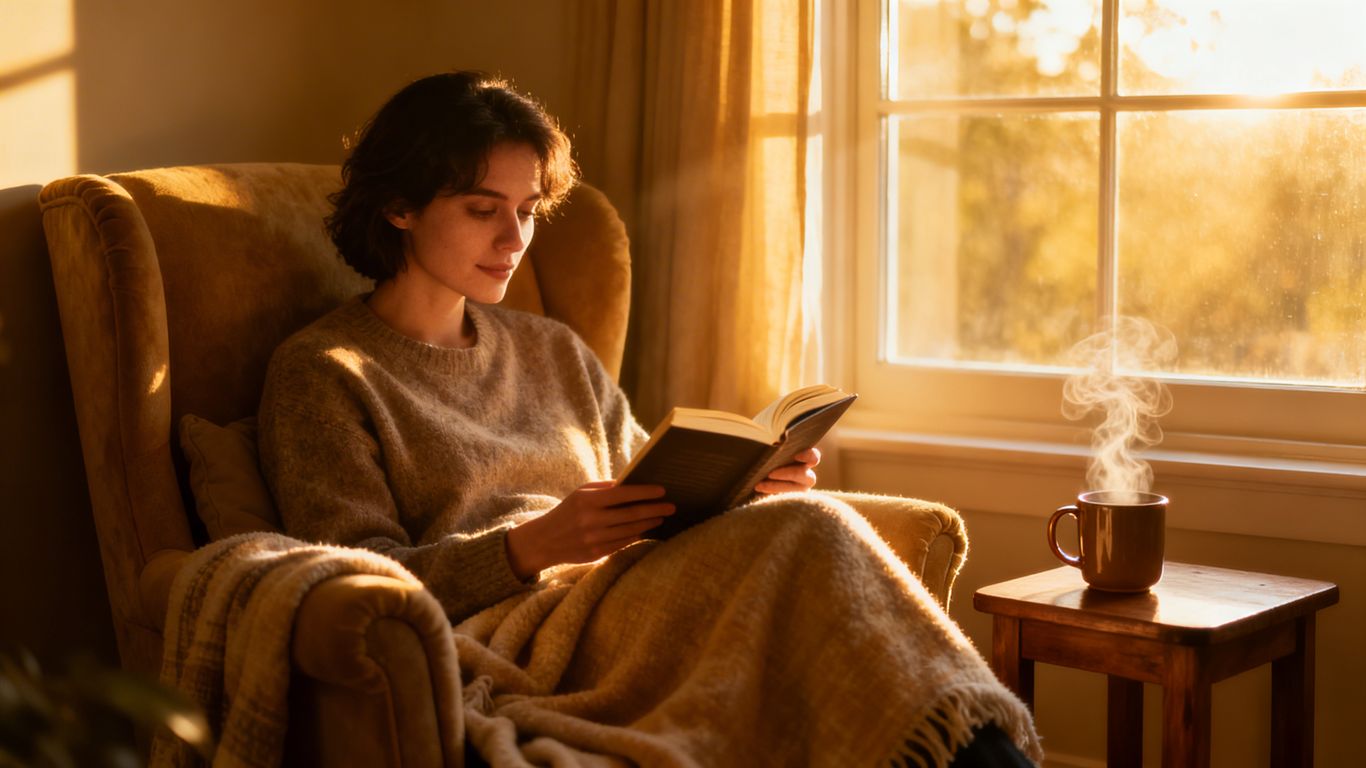 Person reading a book comfortably in a cozy, sunlit space.