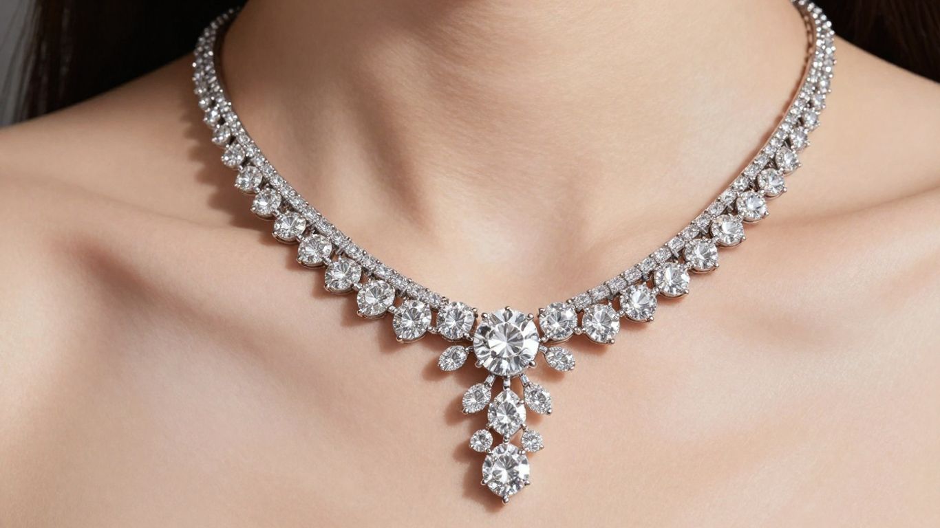 Elegant diamond necklace on a woman's neck.
