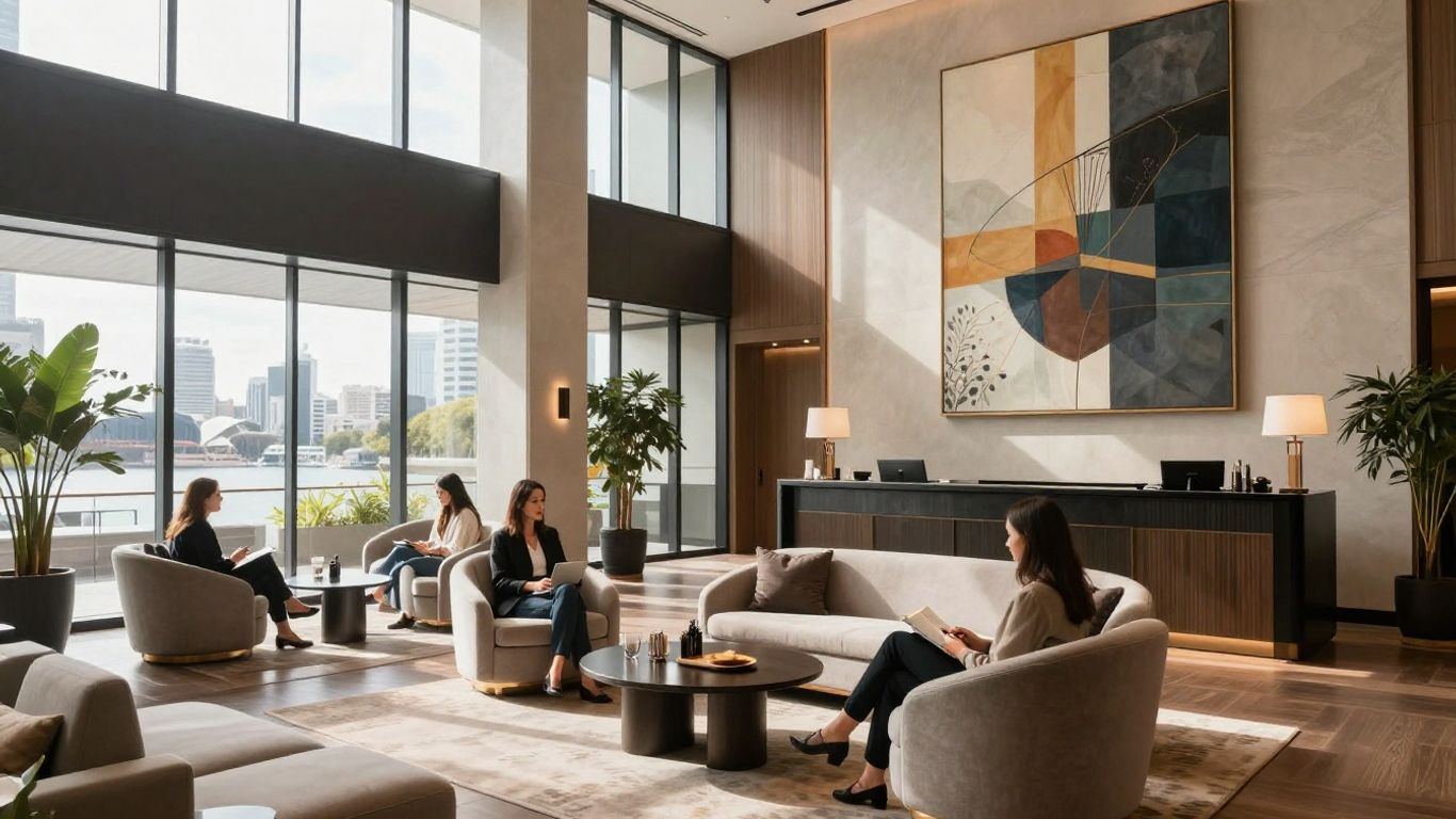 Modern hotel lobby with sunlight and comfortable seating.