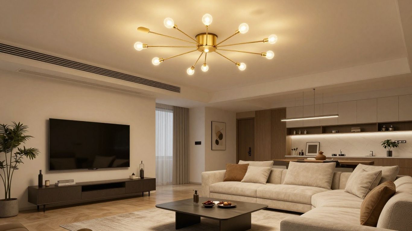 Sputnik ceiling light illuminating a modern living room.