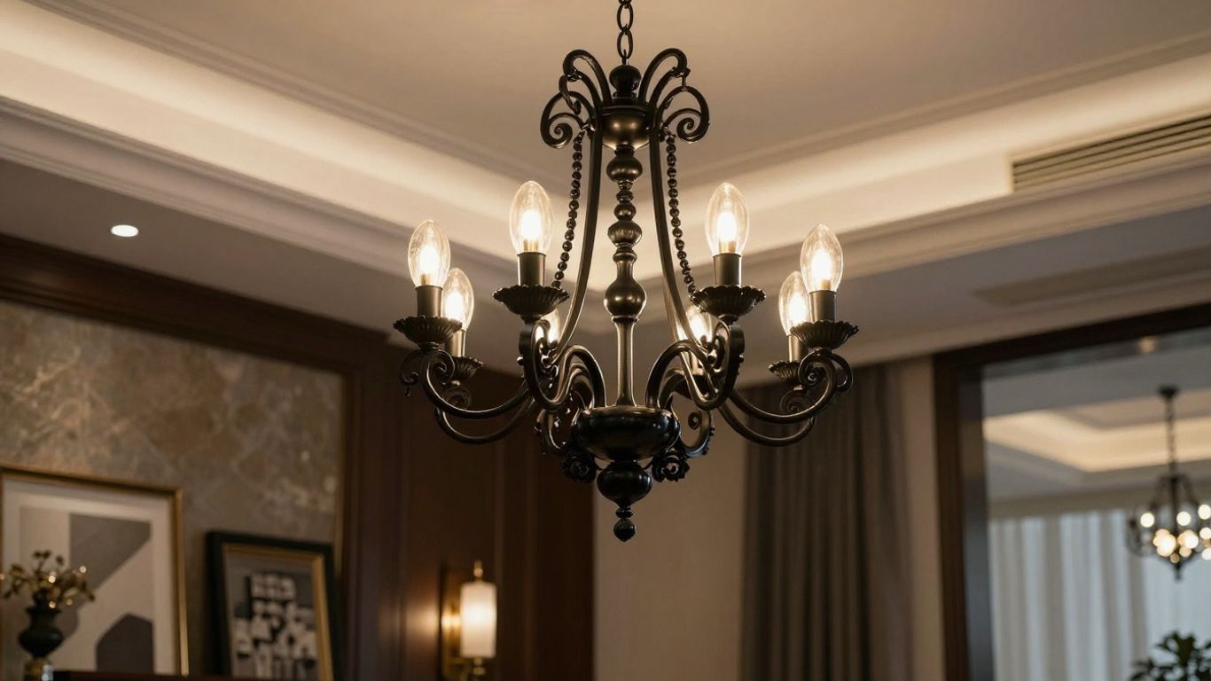 Elegant black chandelier in a modern living room.