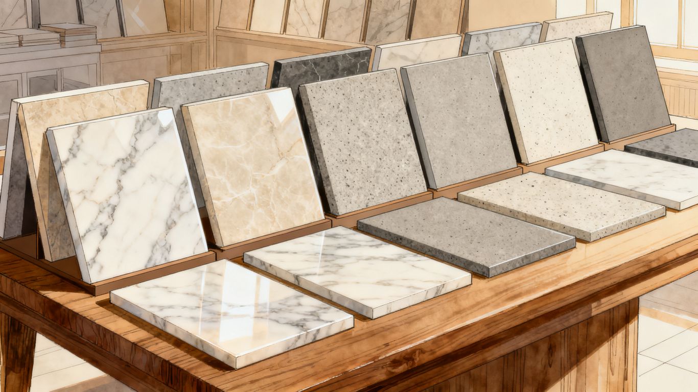 A selection of polished, honed, and matte-finish stone tiles