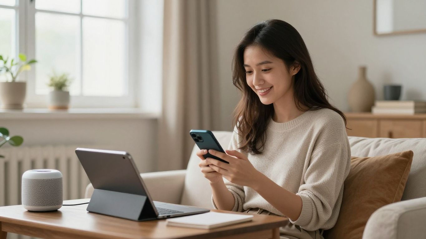Mulher sorrindo usando smartphone em casa moderna e confortável.