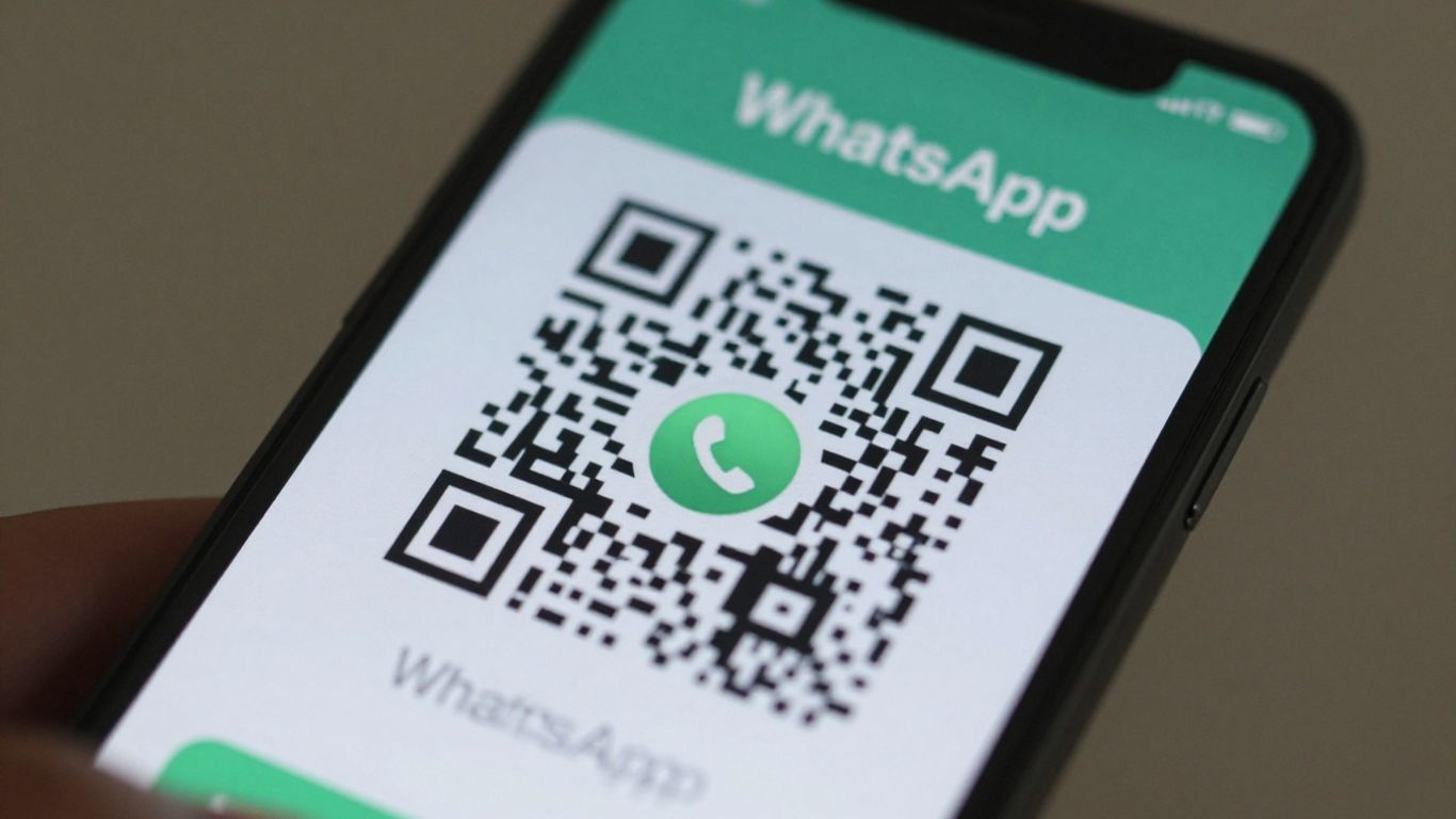 WhatsApp QR code on a smartphone screen.