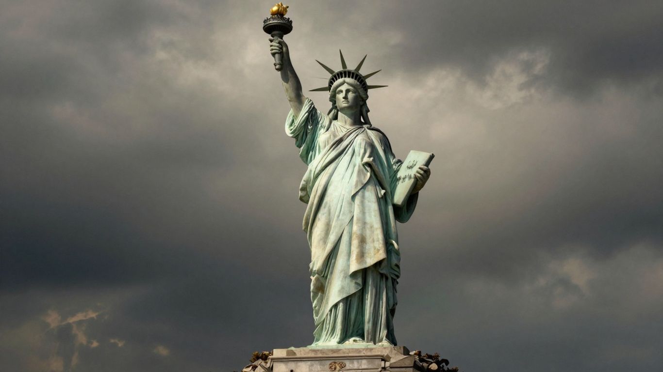 Allegorische Freiheitsfigur mit Fackel und flatterndem Gewand.