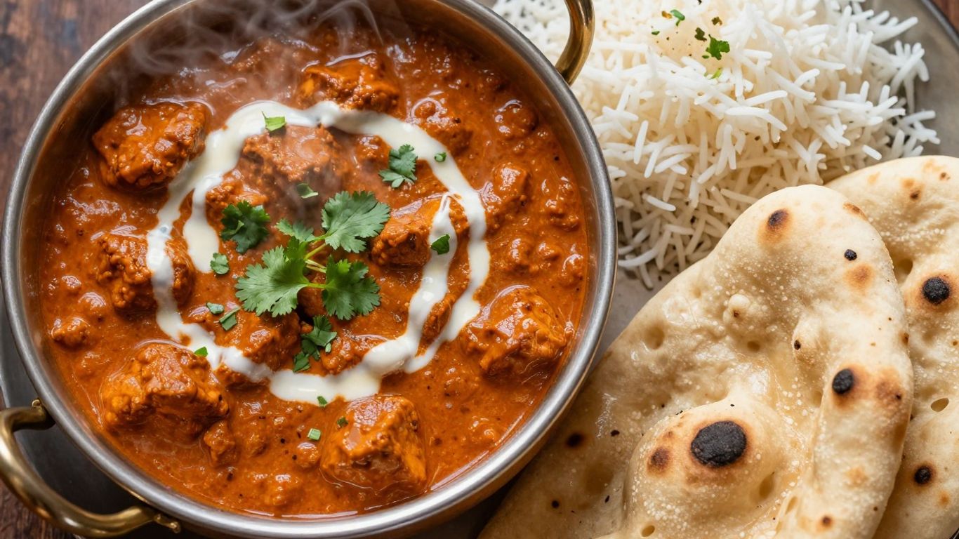 Delicious Indian food: butter chicken, rice, and naan.