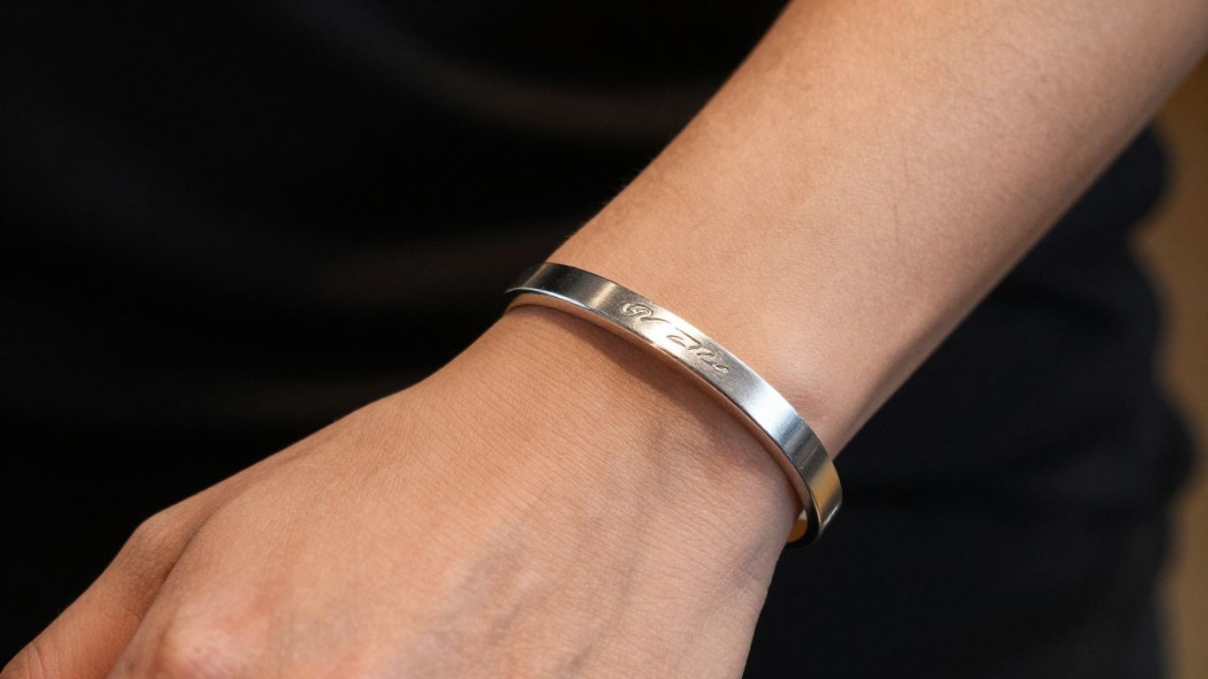 Man wearing a personalized silver bracelet.