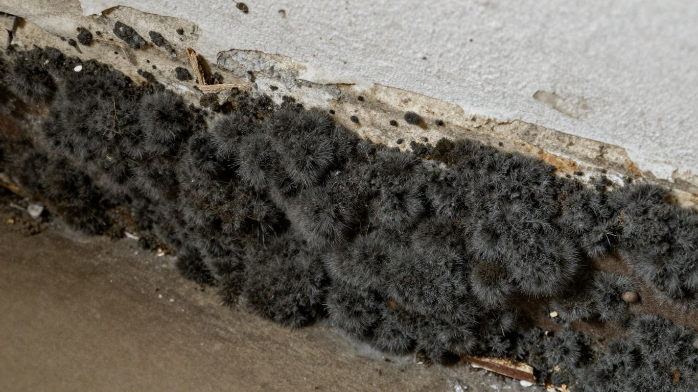 Black mold growing on a damaged wall.