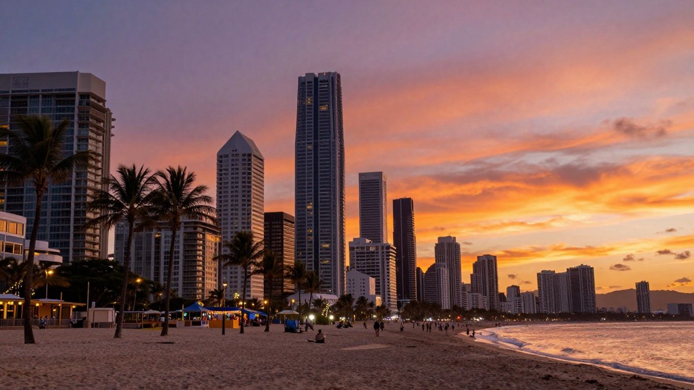 Gold Coast skyline with beaches and palm trees at sunset.