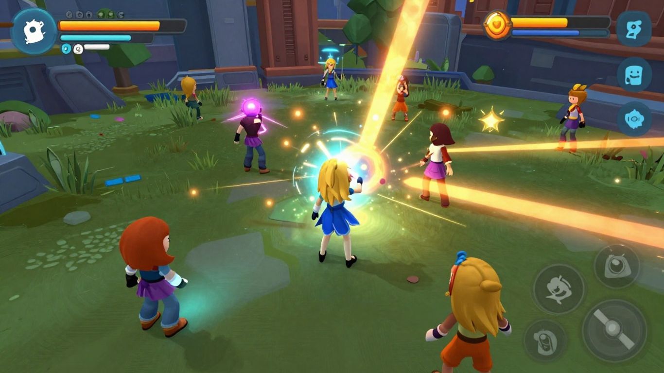 Futuristic video game characters in action, earning rewards.