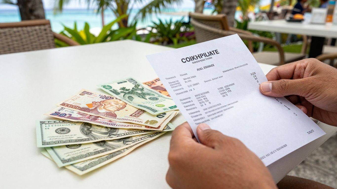 Traveler checking a restaurant bill beside local currency