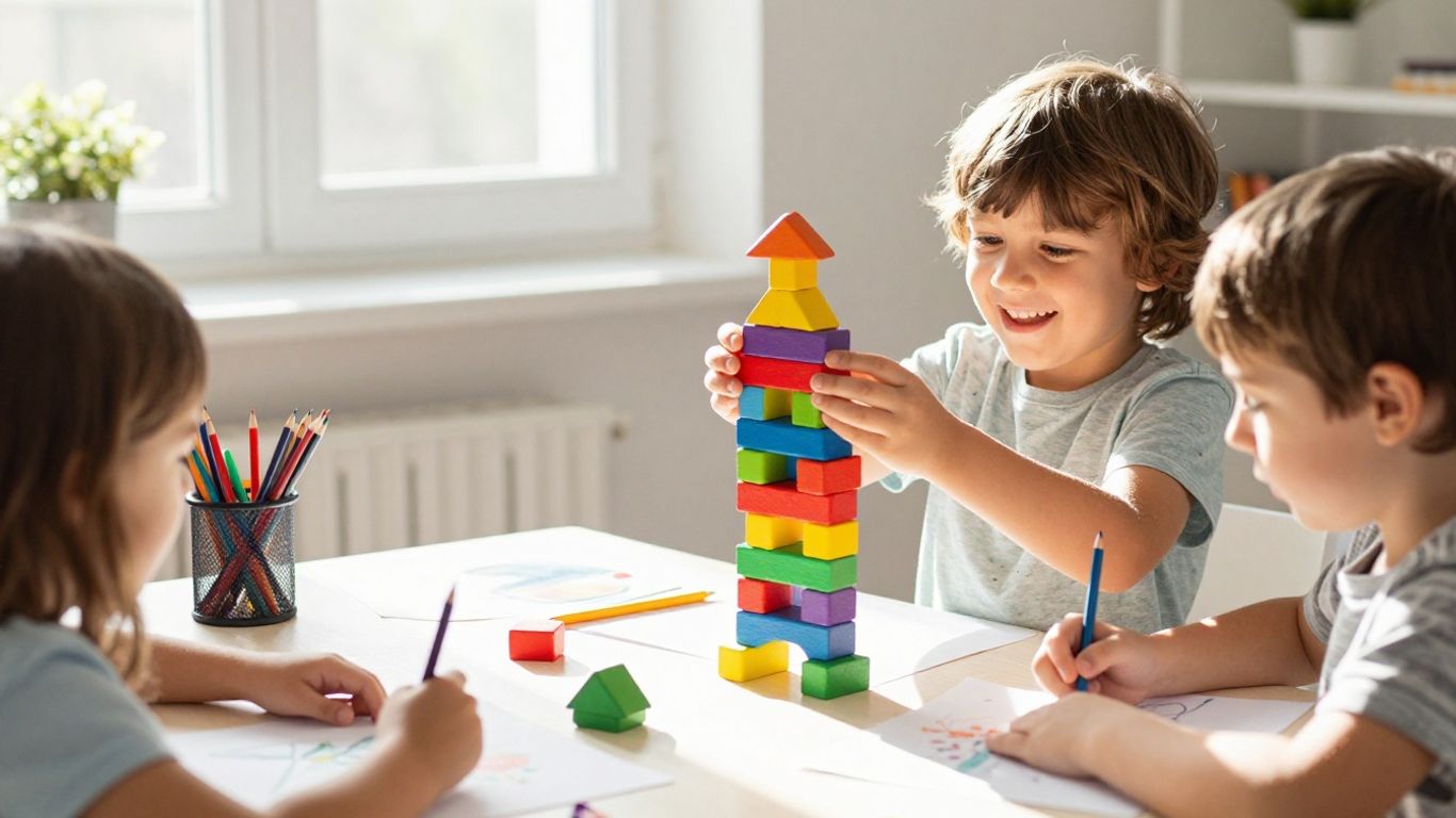 Children engaged in indoor creative play and building activities.