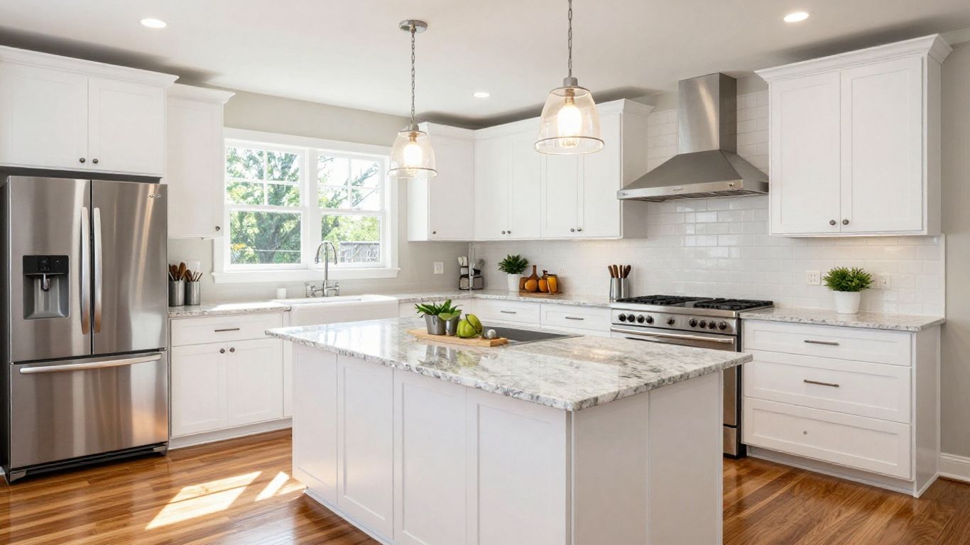 Modern kitchen renovation with white cabinets and granite countertops.