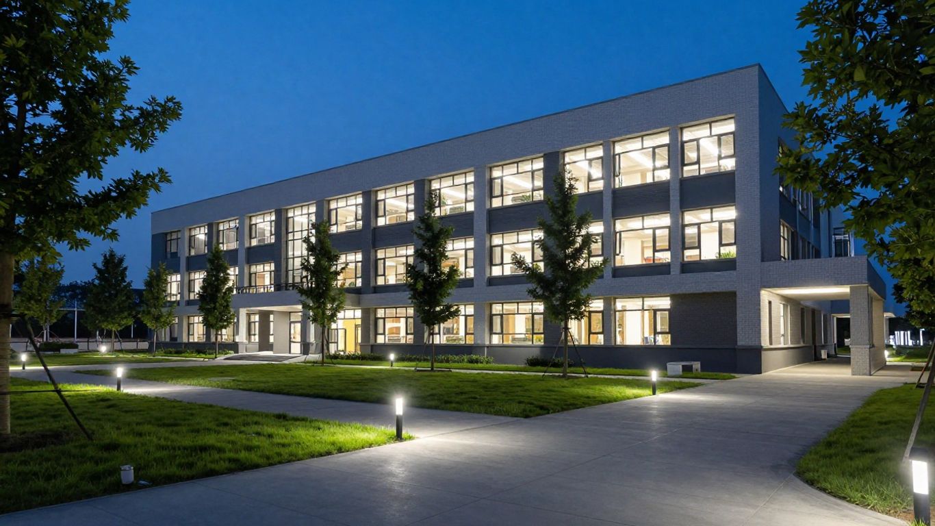 School building exterior lit by new LED lights at dusk.