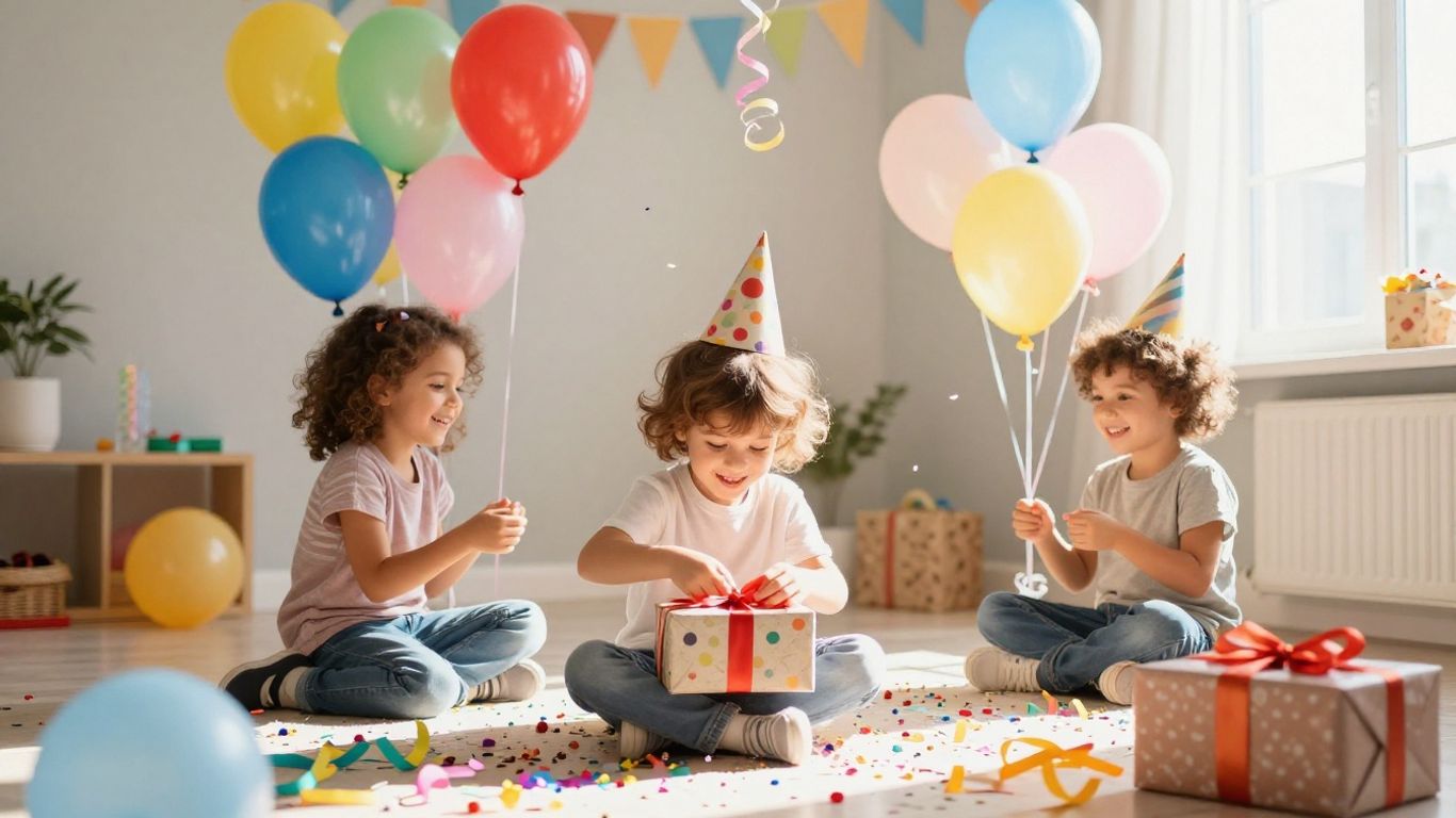 Child happily opening birthday gift at a party.