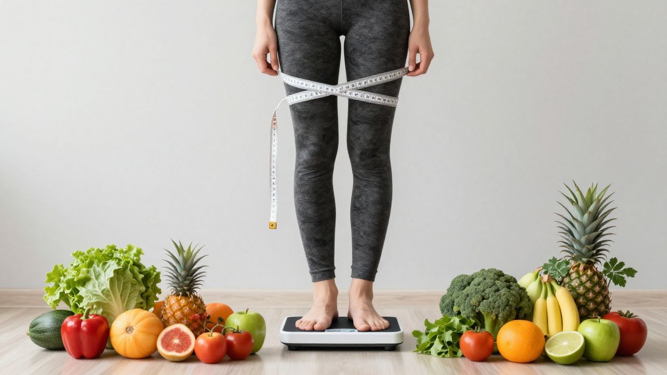 Woman on scale with healthy food, aiming to lose weight.