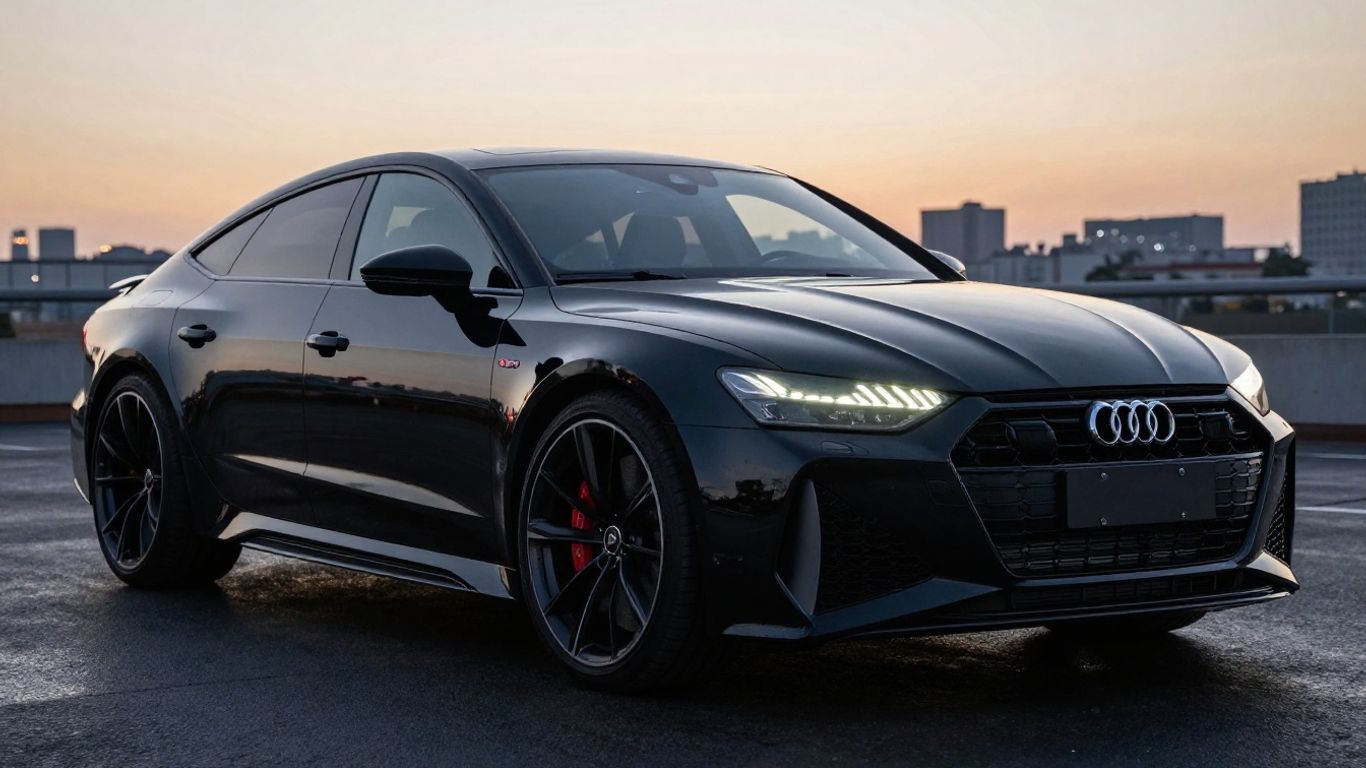 Audi RS7 parked on wet asphalt at dusk.