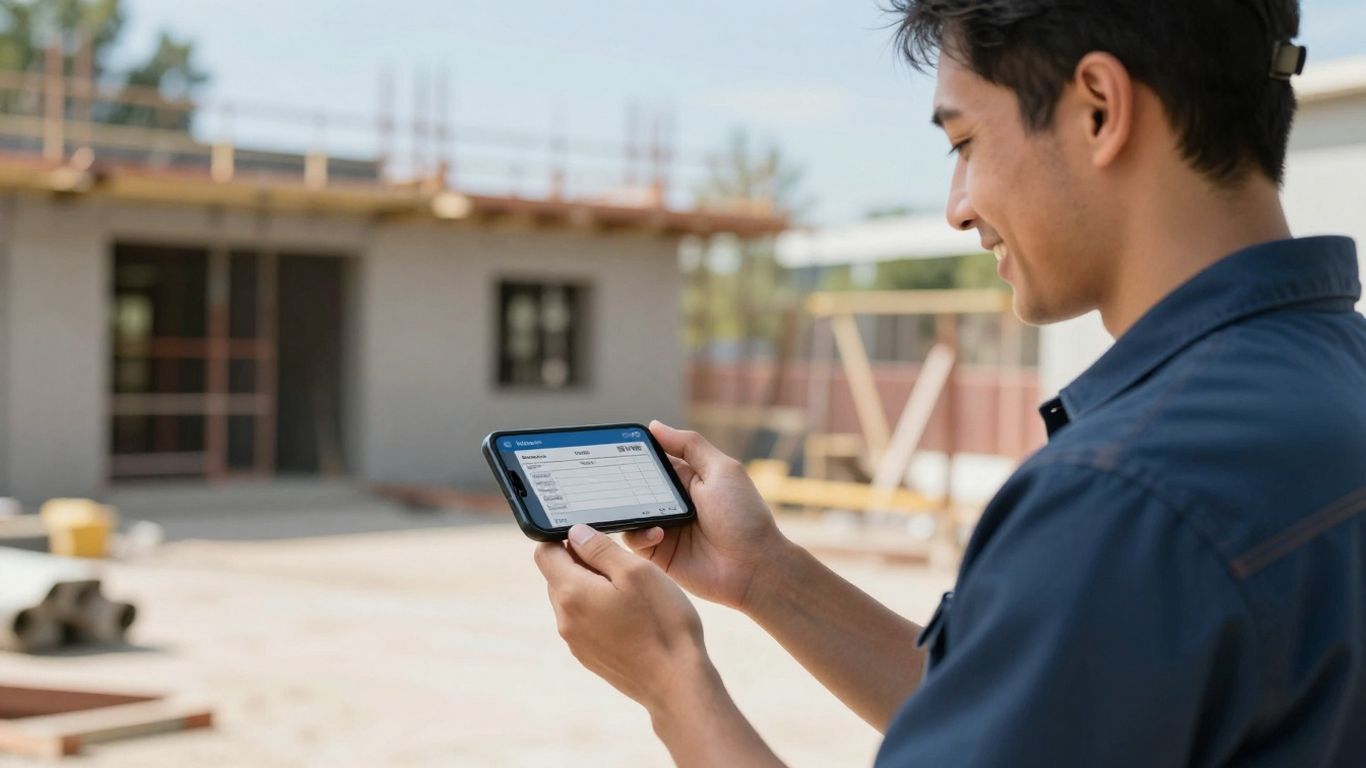 Field service technician sending invoice from job site on phone.