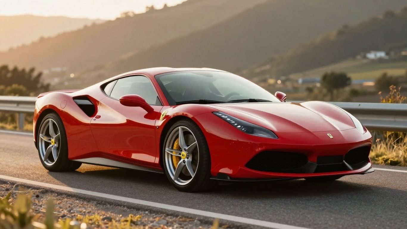 Red Ferrari Roma parked on a sunny road.