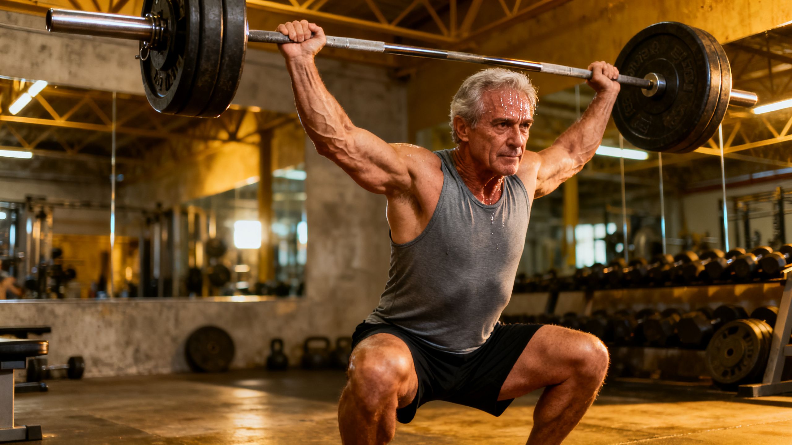 A man in his 50s looking strong and focused during a heavy weightlifting session in a gym.