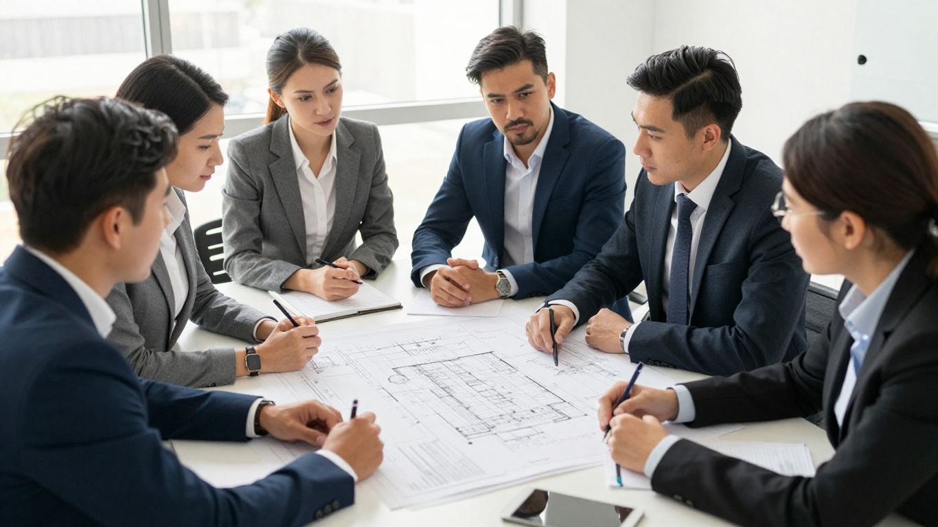 Business people reviewing SolidWorks blueprints at a table.