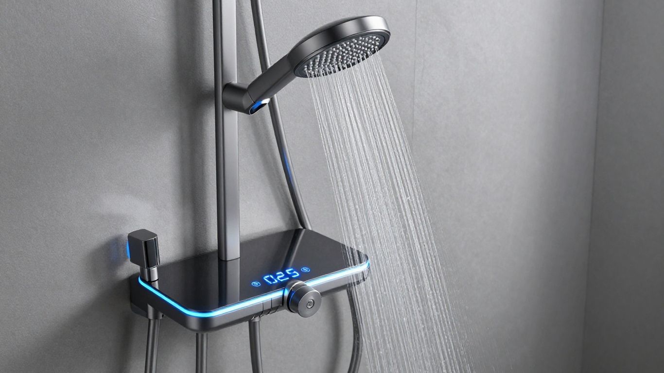 Modern digital shower control panel and water stream.