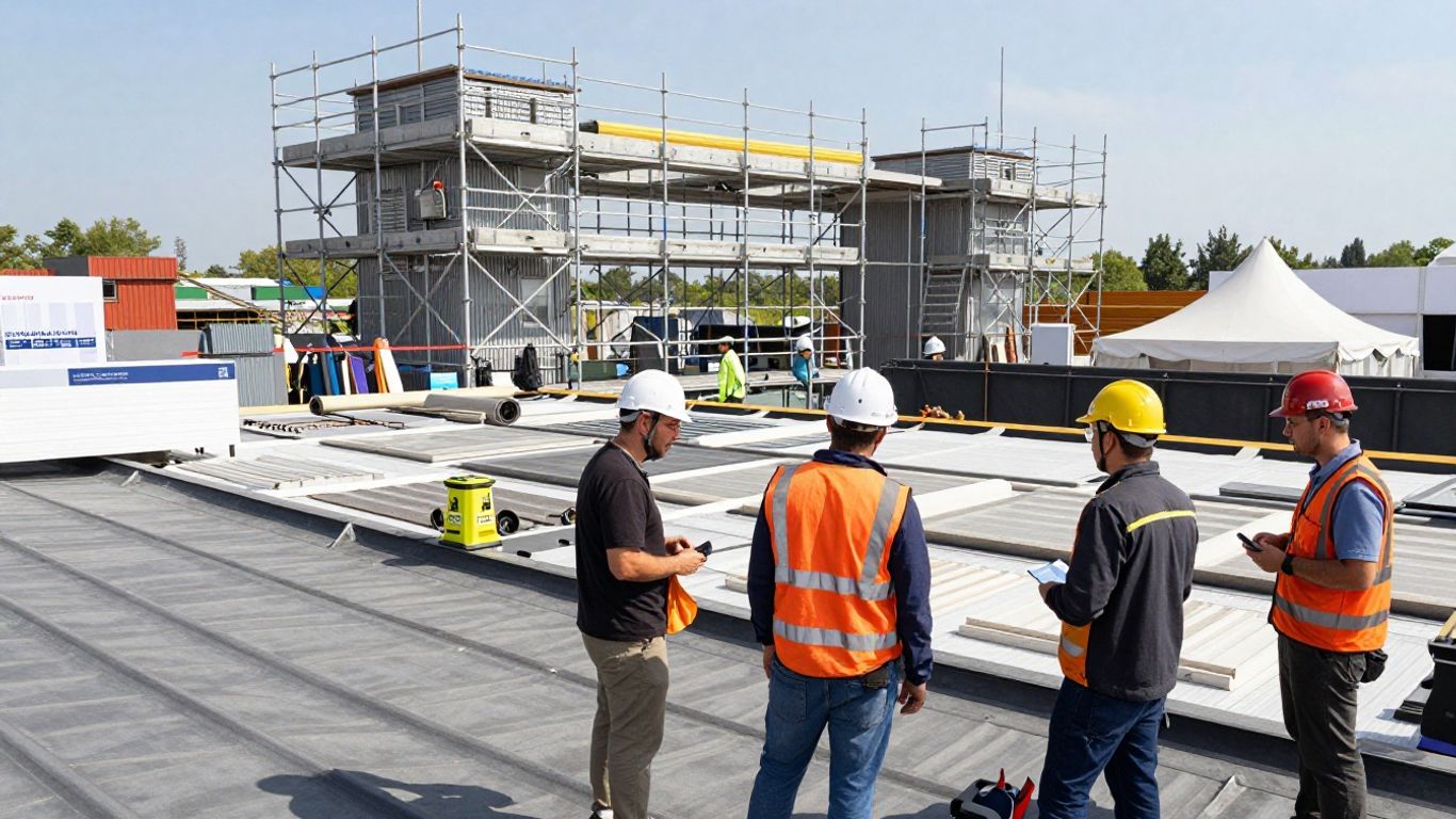 Roofing expo with materials, tools, and professionals.